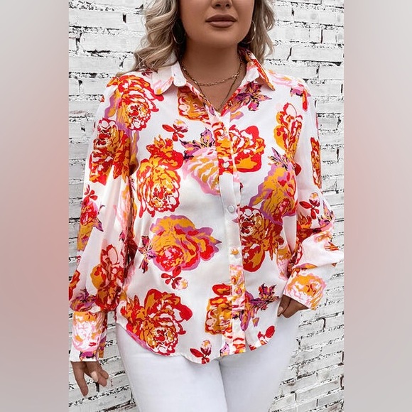 Tops - Plus Size Floral Print Long Sleeve Button Down Shirt NWOT 2XL